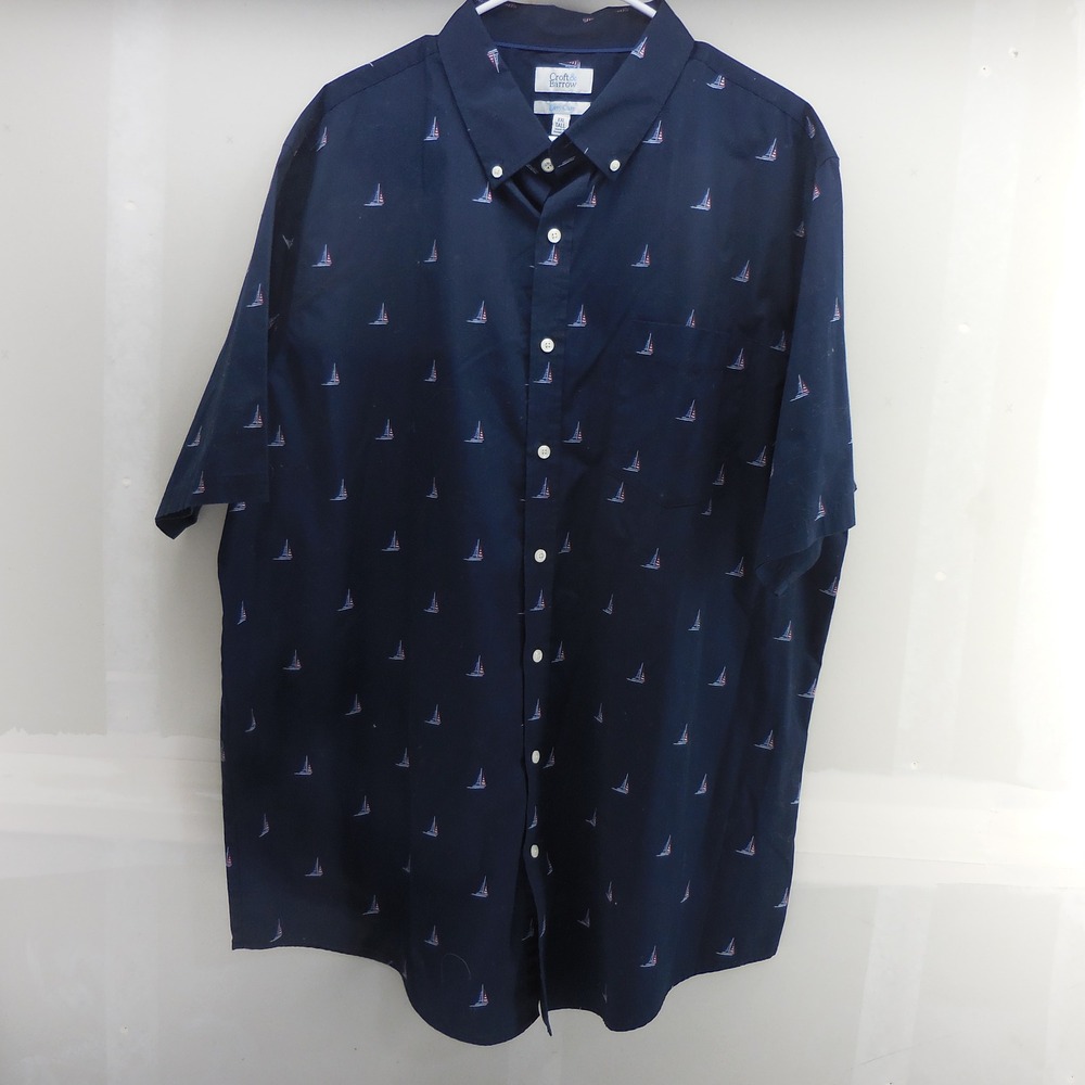 Croft & Barrow Mens XXL Tall Navy Blue Sailboat Flag USA Print Short Button Down